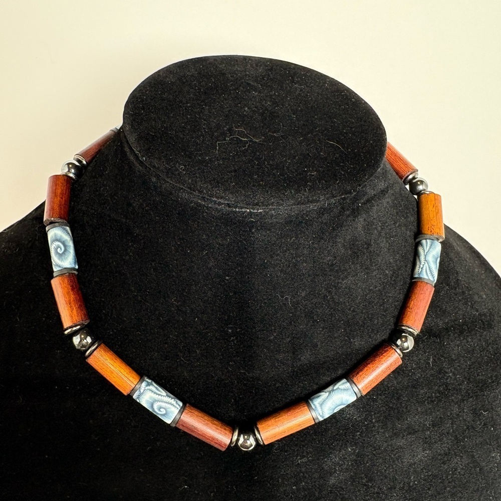 Vintage Boho Wooden and Blue Beaded Necklace